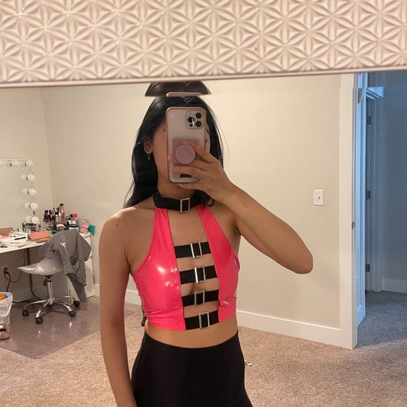 Pink PU Leather Halter Rave Top - Picture 3 of 5